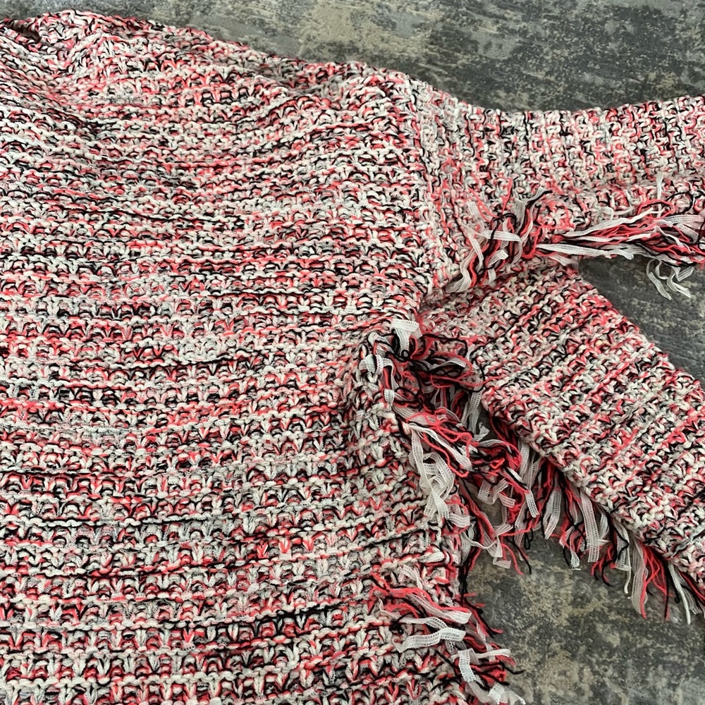 Aqua size M sweater with fringe on sleeves and side and open on sides